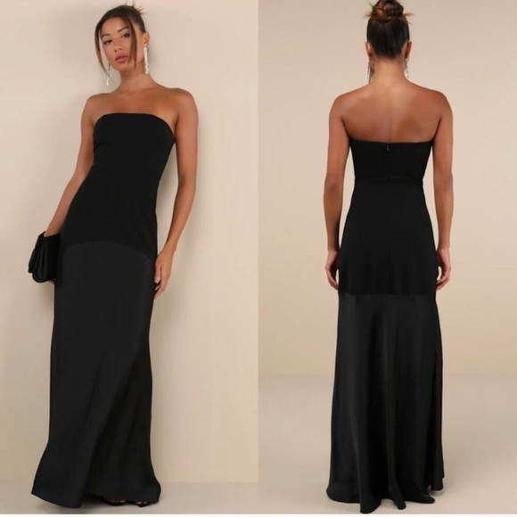 Lulus Compelling Style Black Strapless A-line Maxi Dress Crepe Satin XS S M - Picture 1 of 9